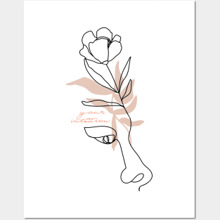 Minimal woman line art. One line woman face with flower and leaves. Posters and Art